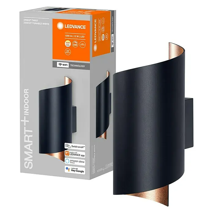 Ledvance Smart+ WiFi LED-Wandleuchte - 12 W, L x B x H: 12,7 x 9,5 x 23 cm, Schwarz, Warmweiß - Das LEDVANCE Smart+ Indoor Orbis Twist Wandleuchte, die mit WLAN steuerbar ist, sorgt für intelligentes Licht in Ihrem Zuhause.