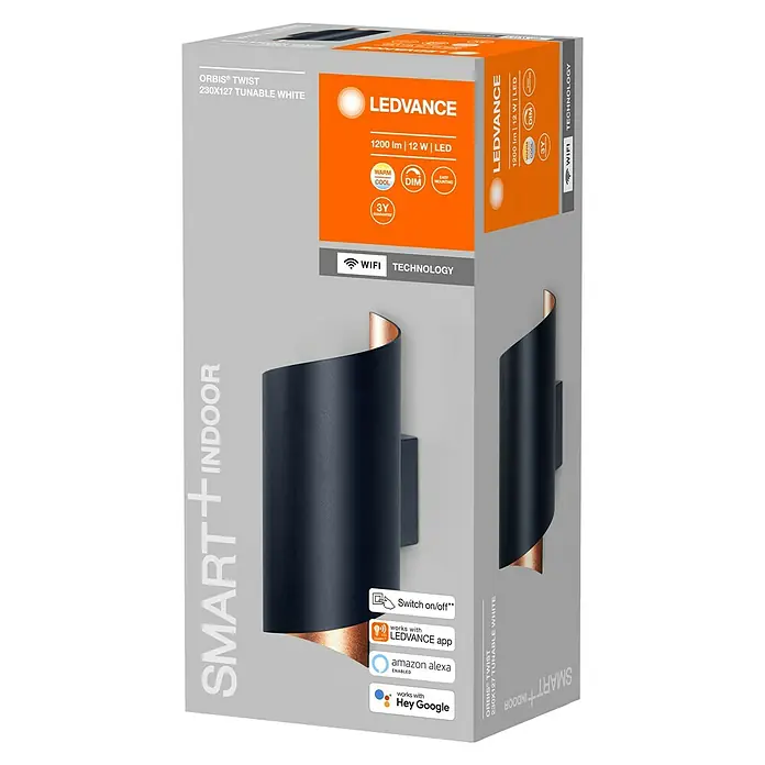 Ledvance Smart+ WiFi LED-Wandleuchte - 12 W, L x B x H: 12,7 x 9,5 x 23 cm, Schwarz, Warmweiß - Produktverpackung der LEDVANCE SMART+ INDOOR Wandleuchte ORBIS® TWIST 230X127 Tunable White mit technischen Details.