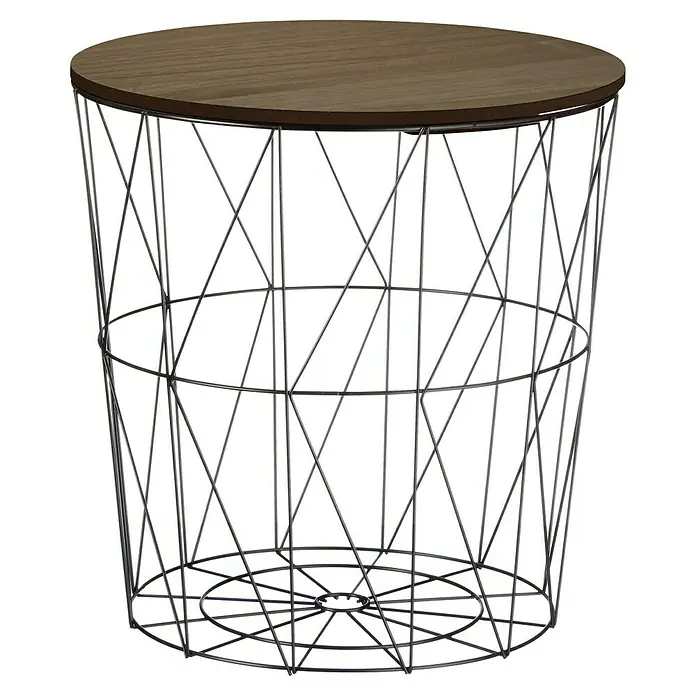 Beistelltisch Korb - Ø x H: 39 x 40 cm, Dunkelbraun, Mitteldichte Holzfaserplatte (MDF) - Runder Beistelltisch mit Holzplatte und einem dekorativen Untergestell aus silberfarbenem Metalldraht, der dem Tisch einen modernen Look verleiht.