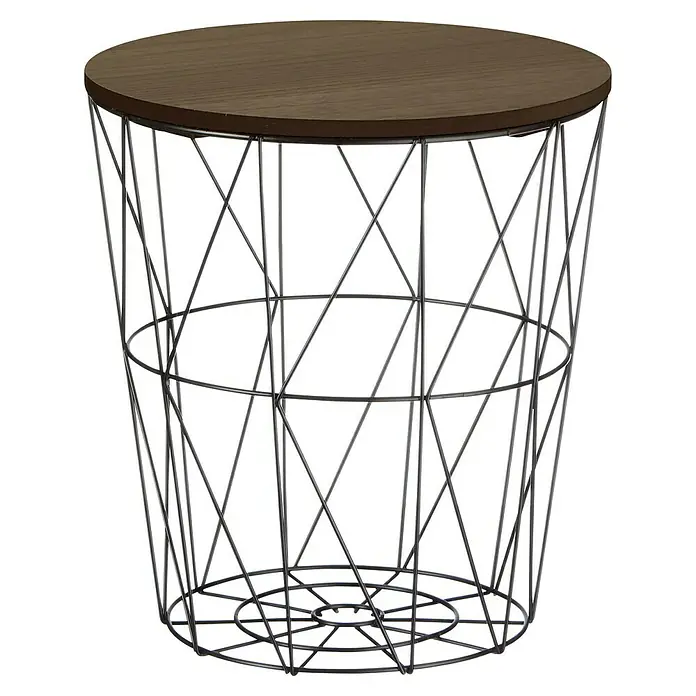 Beistelltisch Korb - Ø x H: 29 x 30 cm, Dunkelbraun, Mitteldichte Holzfaserplatte (MDF) - Ein stilvoller Beistelltisch mit einer runden Holzplatte und einem geometrischen Metallgestell. Ideal für moderne Wohnräume.