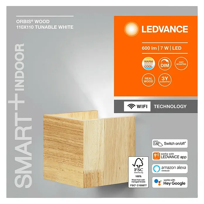 Ledvance Smart+ WiFi LED-Wandleuchte7 W, L x B x H: 11 x 11 x 11 cm, Gelb, Warmweiß - ORBIS® WOOD 110X110 Tunable White LED-Wandleuchte für den Innenbereich mit WiFi Technologie, dimmbar und warmer/kühler Farbtemperatur.