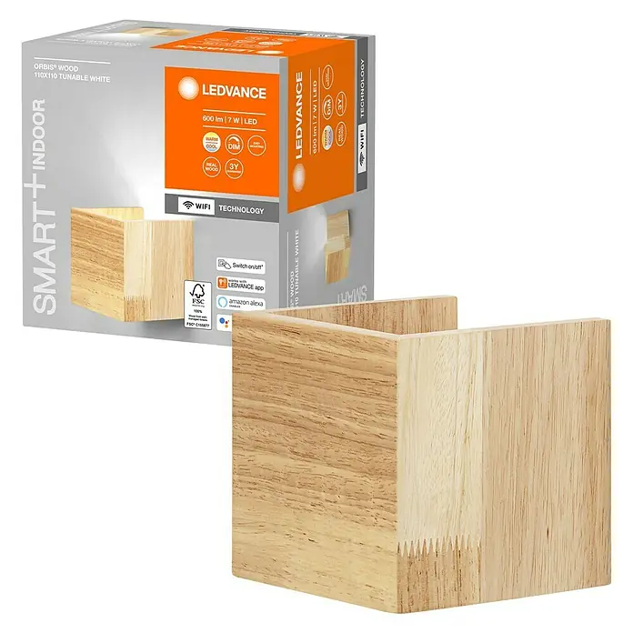 Ledvance Smart+ WiFi LED-Wandleuchte7 W, L x B x H: 11 x 11 x 11 cm, Gelb, Warmweiß - Produktbild der LEDVANCE ORBIS WOOD 110x110 tunable white Smart+ Indoor Leuchte mit Verpackung.