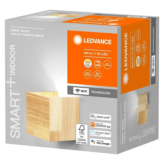 Ledvance Smart+ WiFi LED-Wandleuchte7 W, L x B x H: 11 x 11 x 11 cm, Gelb, Warmweiß - Produktverpackung der LEDVANCE ORBIS® WOOD 110x110 Tunable White Leuchte, kompatibel mit Smart Home Systemen & aus echtem Holz.