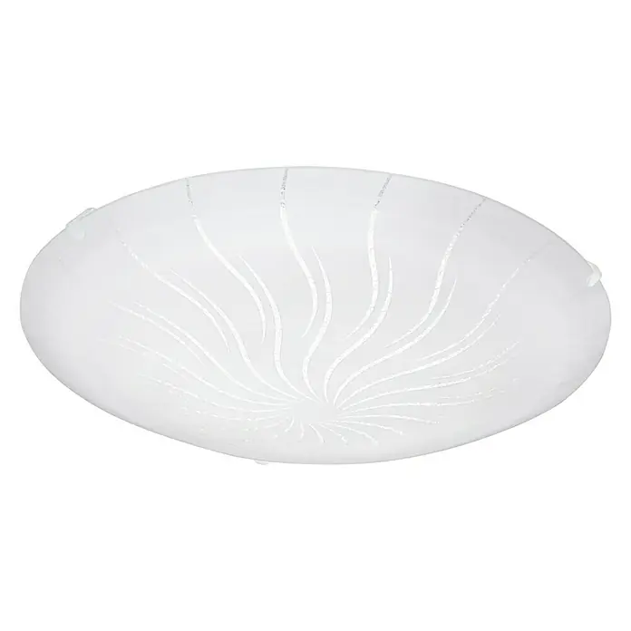 Eglo LED-Deckenleuchte rund Margitta 1 - 11 W, Ø x H: 315 mm x 9,5 cm, Granille Weiß - Nahaufnahme einer weißen Deckenleuchte mit einem filigranen, radialen Muster für eine moderne und helle Raumbeleuchtung.