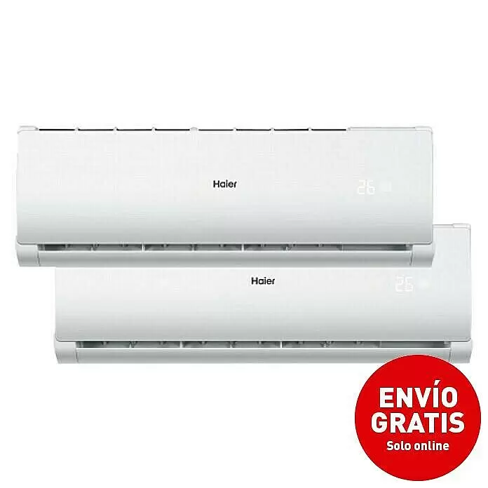 Haier Aire acondicionado Inverter 2x1 Tide-R - 3.400 W, 2.800 W, 20 m², Blanco - Dos unidades interiores de aire acondicionado Haier blancas, una sobre otra, ambas mostrando '26'.