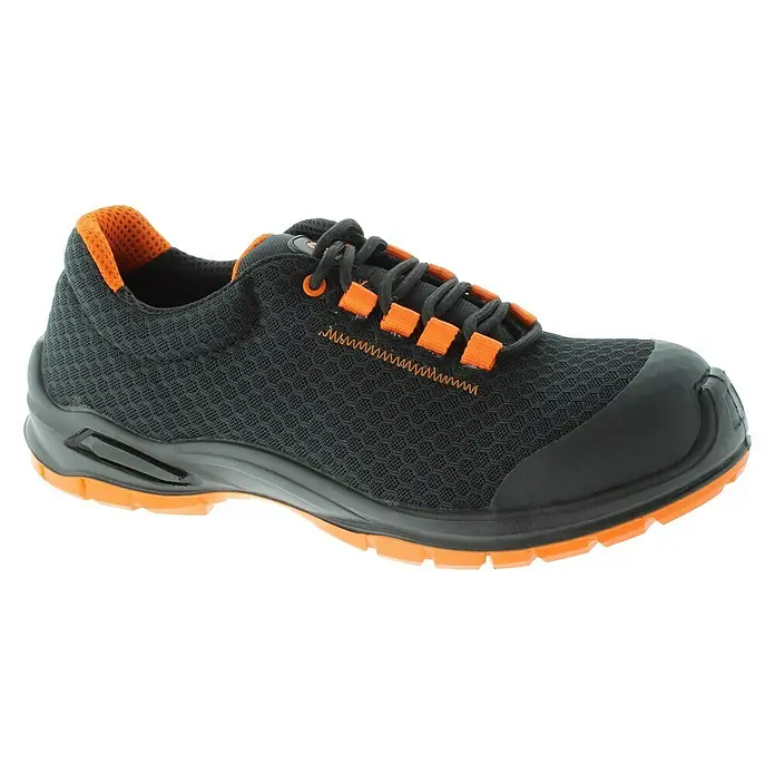 Mendi Zapato bajo de seguridad Hebe - 41, Clase de protección según EN ISO 20345: S1P, Negro/Naranja - Un zapato de seguridad negro con detalles en naranja. El zapato tiene una suela robusta y puntera de protección.