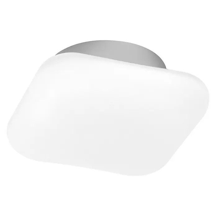 Ledvance LED-Wandleuchte - 12 W, L x B x H: 20 x 20 x 9,4 cm, Weiß, Mehrfarbig - Nahaufnahme einer modernen, quadratischen LED-Deckenleuchte mit abgerundeten Ecken und einem silbernen Sockel vor schwarzem Hintergrund.