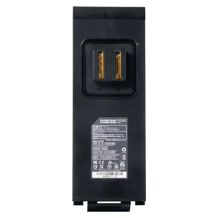 Sublue Ersatz-Akku - 11,1 V, Lithium-Polymer, 11.000 mAh - Aufsicht auf einen schwarzen, wiederaufladbaren Li-Ionen-Akkupack mit goldenen Kontakten und verschiedenen Zertifizierungen.