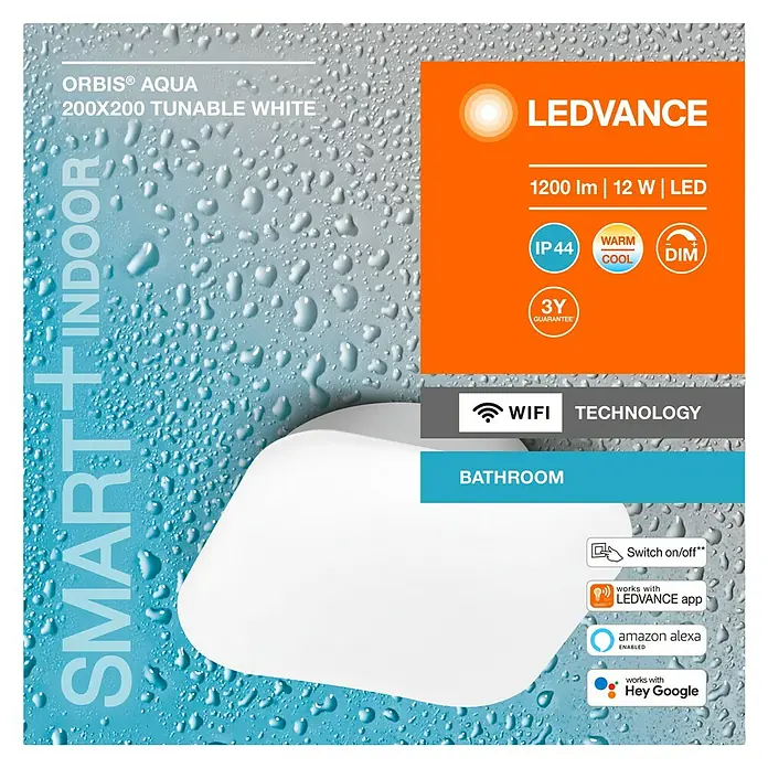 Ledvance LED-Wandleuchte - 12 W, L x B x H: 20 x 20 x 9,4 cm, Weiß, Mehrfarbig - Produktbild der LEDVANCE ORBIS® AQUA 200x200 tunable white, einer smarten Innenraumleuchte mit verschiedenen Funktionen und Einstellungsmöglichkeiten.