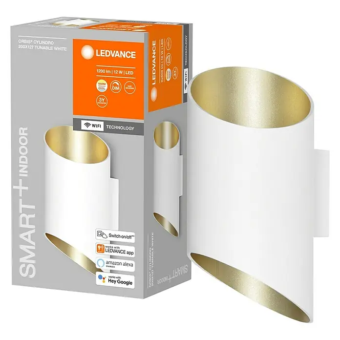 Ledvance LED-Wandleuchte12 W, L x B x H: 12,7 x 9,5 x 20 cm, Weiß, Mehrfarbig - Produktbild der LEDVANCE ORBIS® CYLINDRO Wandleuchte, smart, dimmbar, mit WiFi, in Weiß und Gold für den Innenbereich.