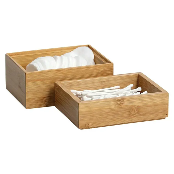 Zeller Present Holzkisten-Set - 14,5 x 11 cm, Bambus - Zwei Bambusboxen gefüllt mit Wattepads und Wattestäbchen. Die naturbelassene Holzoptik verleiht den Behältern einen modernen Touch.