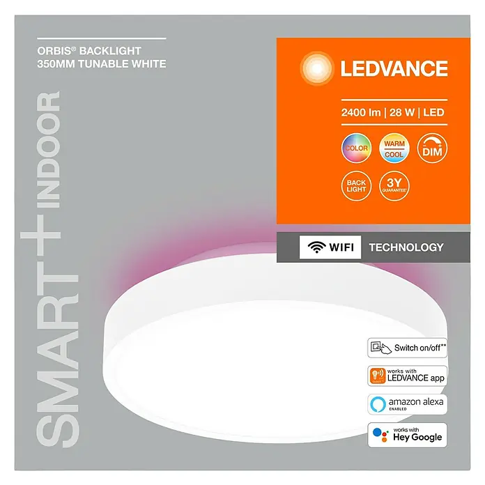 Ledvance LED-Deckenleuchte rund - 28 W, Ø x H: 35 x 9 cm, Weiß, RGBW - Produktbild der LEDVANCE ORBIS® BACKLIGHT Deckenleuchte, 350mm, tunable white, mit Smart+Indoor Technologie und WiFi-Steuerung.