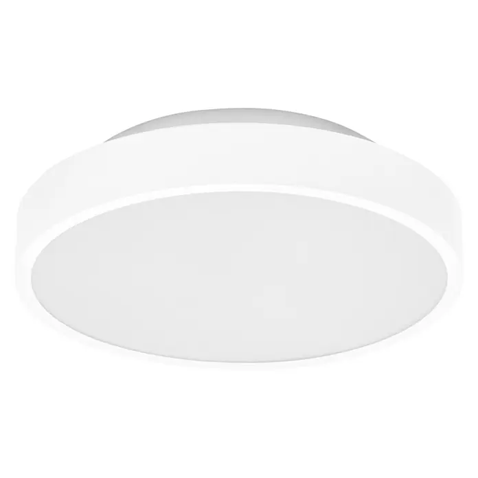 Ledvance LED-Deckenleuchte rund - 28 W, Ø x H: 35 x 9 cm, Weiß, RGBW - Nahaufnahme einer runden, weißen Deckenleuchte mit sanftem Licht vor einem schwarzen Hintergrund.