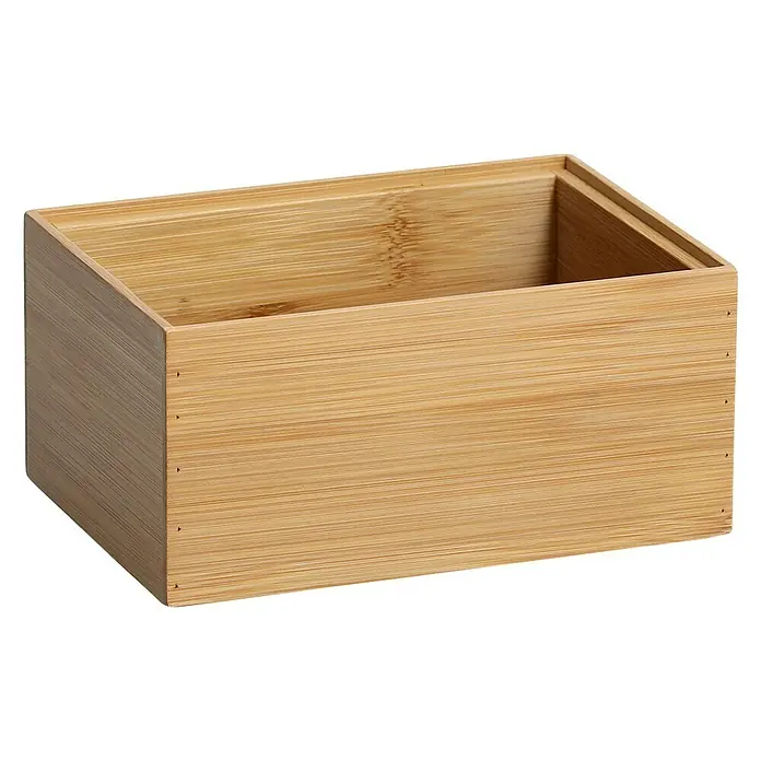 Zeller Present Holzkisten-Set - 17 x 12 cm, Bambus - Rechteckige Aufbewahrungsbox aus hellem Bambusholz mit feiner Maserung vor einem schwarzen Hintergrund.