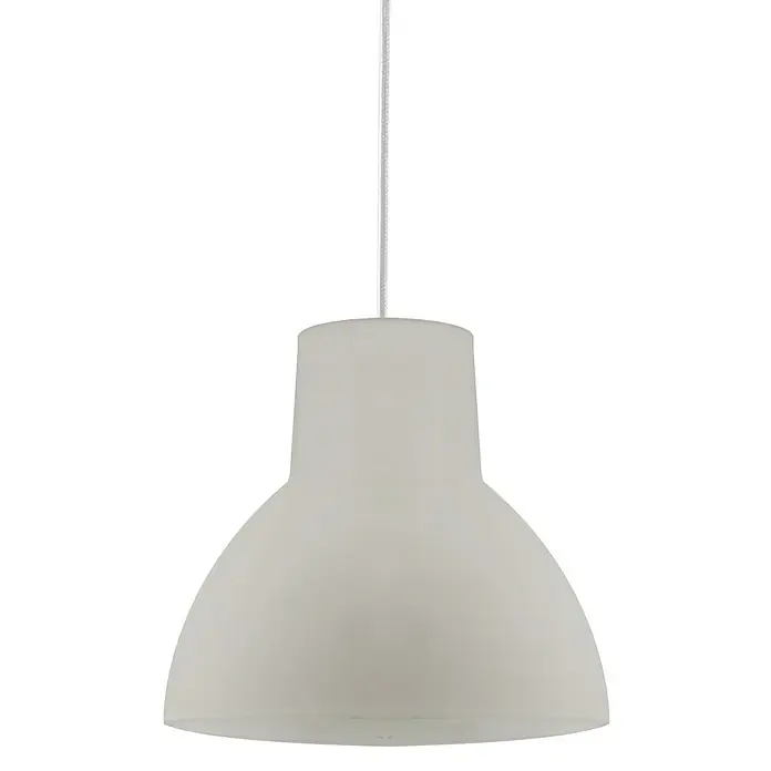 Lámpara colgante Bell - 40 W, Ø x Al: 200 mm x 21 cm, Blanco, E27 - Primer plano de una lámpara colgante blanca moderna que cuelga del techo, emitiendo una luz suave y difusa.