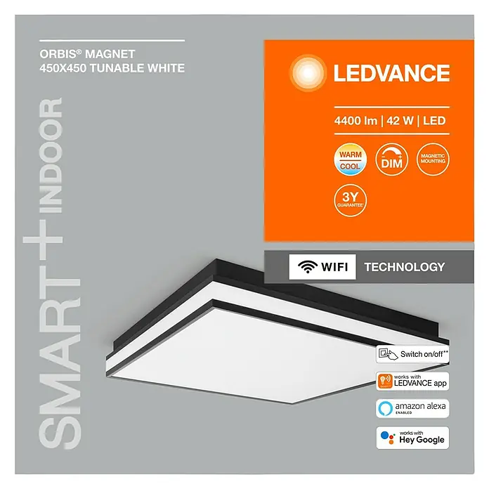 Ledvance LED-Deckenleuchte - 42 W, L x B x H: 45 x 45 x 8,6 cm, Schwarz, Mehrfarbig - Produktbild der LEDVANCE Orbis Magnet 450x450 Tunable White Leuchte, ideal für den Innenbereich mit smarter Steuerung.