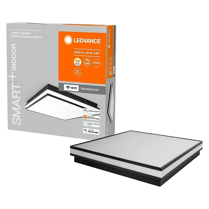 Ledvance LED-Deckenleuchte - 42 W, L x B x H: 45 x 45 x 8,6 cm, Schwarz, Mehrfarbig - LEDVANCE ORBIS® MAGNET 450x450 tunable white Smart+ Indoor Leuchte, ideal für intelligentes Wohnen, mit einfacher Bedienung und vielfältigen Funktionen.