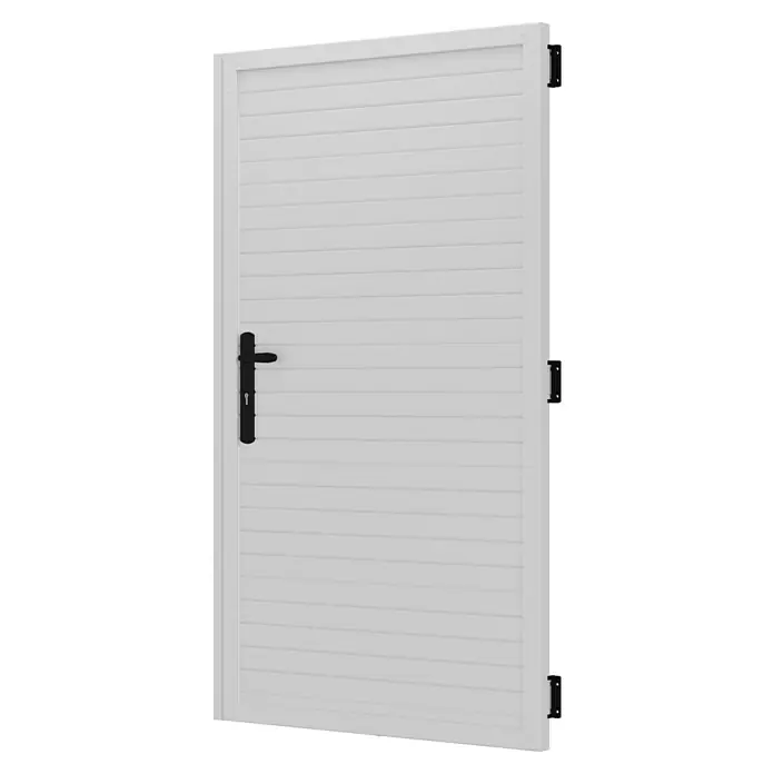T & J Lightline Gartentür - 100 x 180 cm, Kunststoff, Weiß - Eine weiße Gartentür mit horizontalen Lamellen und einem schwarzen Türgriff, ideal für den modernen Garten.