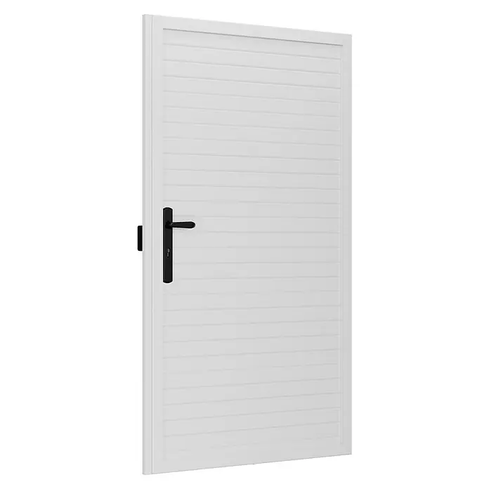 T & J Lightline Gartentür - 100 x 180 cm, Kunststoff, Weiß - Nahaufnahme einer weißen Gartentür mit horizontalen Lamellen und einem schwarzen Türgriff.
