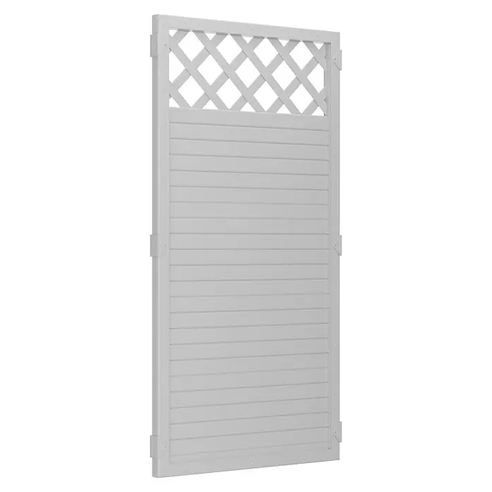 T & J Lightline Sichtschutzelement - 90 x 180 cm, Mit Rankgitter, Weiß, Halbelement - Ein weißes Gartentor mit Lattenzaun-Element im oberen Bereich, ideal für Privatsphäre und als dekoratives Element im Garten.