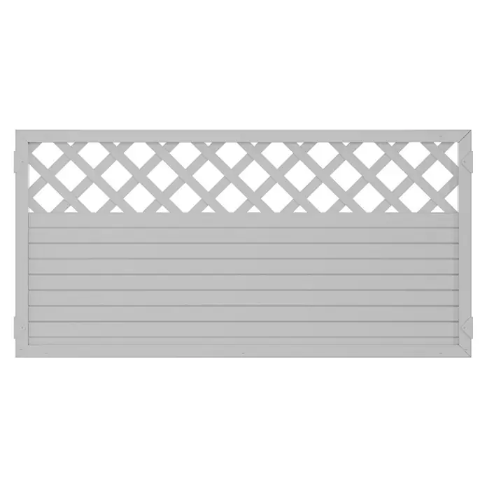 T & J Lightline Sichtschutzelement Rankgitter - 180 x 90 cm, Mit Rankgitter, Weiß - Ein grauer Zaun mit Lattenmuster und Rautenmuster-Gitter. Das Produkt bietet Privatsphäre und ein dekoratives Element für Ihren Garten.