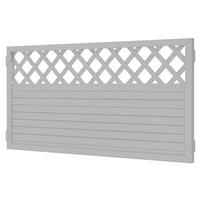 T & J Lightline Sichtschutzelement Rankgitter - 180 x 90 cm, Mit Rankgitter, Weiß - Ein weißes Zaunelement mit horizontalen Brettern und einem dekorativen Gittereinsatz im oberen Bereich. Ideal für Garten und Grundstück.