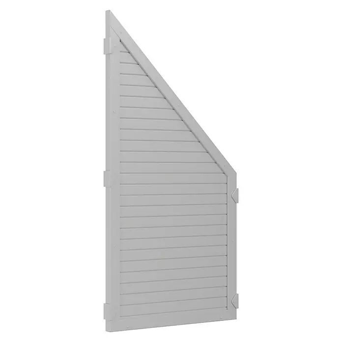 T & J Lightline Sichtschutzelement - 90 x 180 cm, Abgeschrägt, Weiß - Nahaufnahme einer grauen, dreieckigen Holzjalousie, die sich perfekt für eine stilvolle Fensterdekoration oder als dekoratives Element eignet.