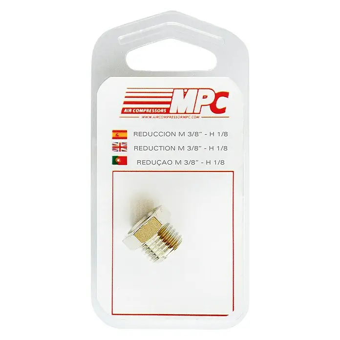 MPC Reductor - ⅜ - ¹⁄₈″ - Embalaje del producto de un reductor MPC M 3/8" - H 1/8 con banderas española, británica y portuguesa.