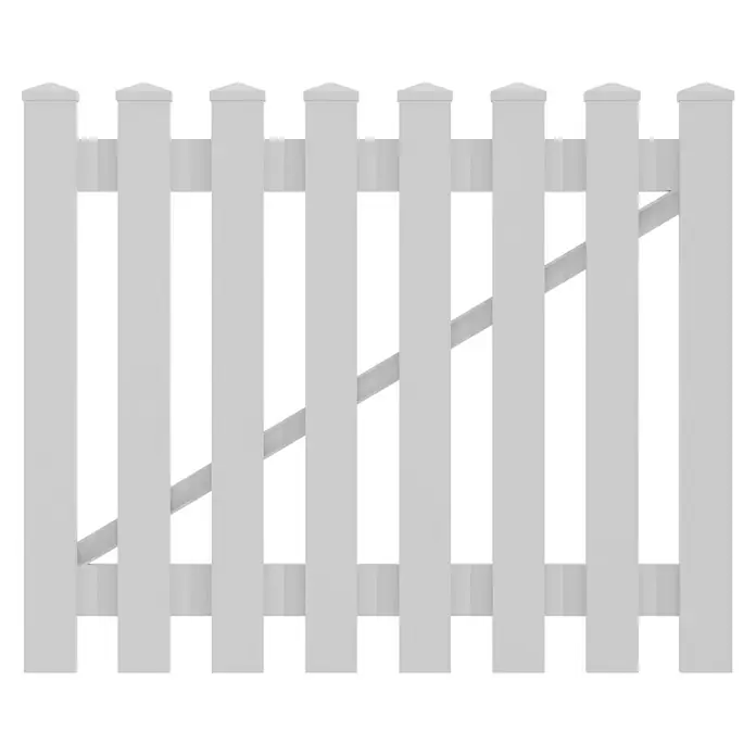 T & J Lightline Zauntor - 100 x 80 cm, Kunststoff, Weiß - Nahaufnahme eines weißen Lattenzauns mit diagonalem Stützbrett, der eine einfache, aber effektive Bauweise für Privatsphäre und Sicherheit zeigt.