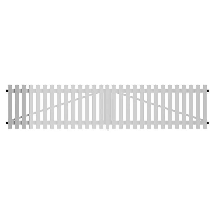 T & J Lightline Zauntor - 300 x 80 cm, Kunststoff, Weiß - Ein weißes Gartentor aus Lattenzaun-Elementen, das einen einladenden Zugang zum Garten bietet und gleichzeitig Privatsphäre schafft.