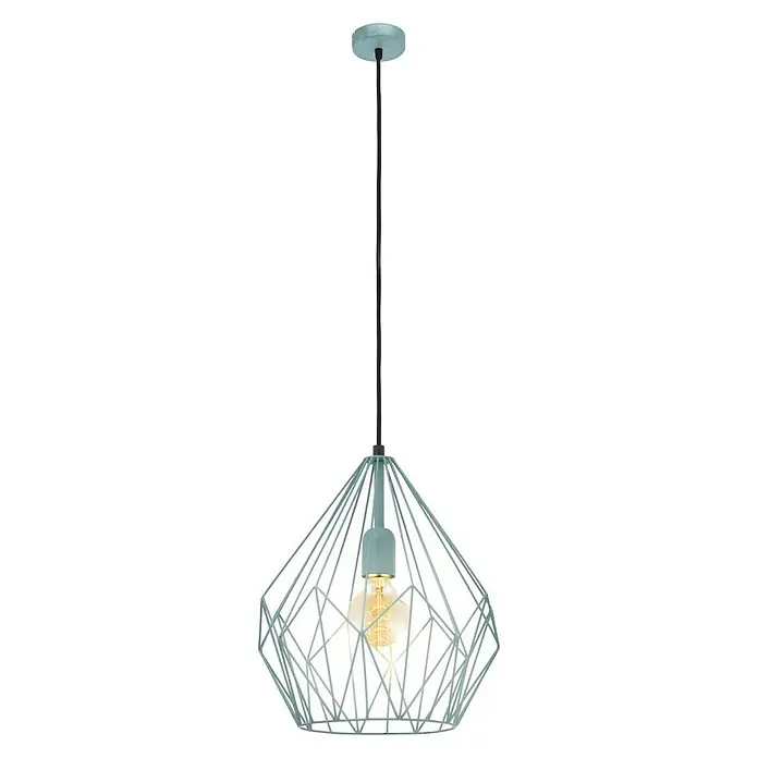 Eglo Lámpara colgante redonda Carlton - Altura: 110 cm, Menta - Una lámpara colgante geométrica azul claro con una bombilla en su interior, suspendida del techo.