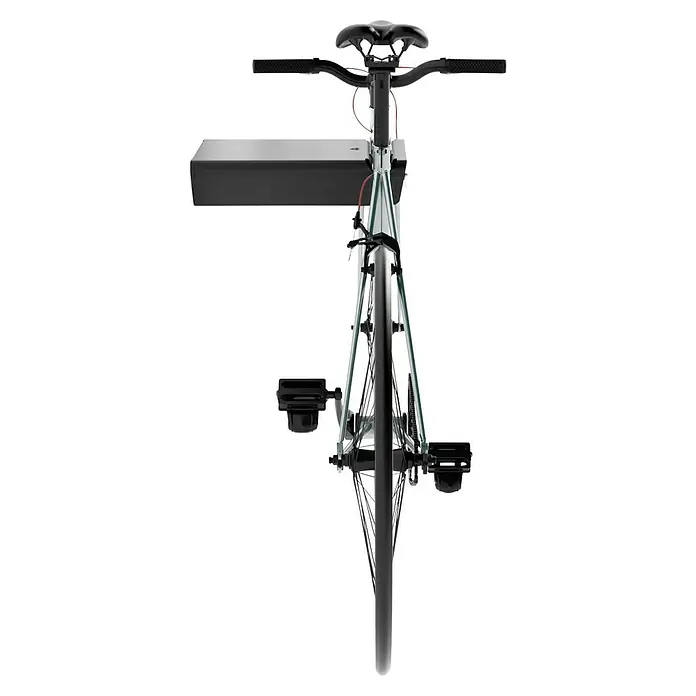 Rei Fahrradhalterung - L x B x H: 365 x 280 x 85 mm - Draufsicht eines urbanen E-Bikes mit Gepäckträger vorne. Perfekt für Stadtfahrten und den Transport von Einkäufen.
