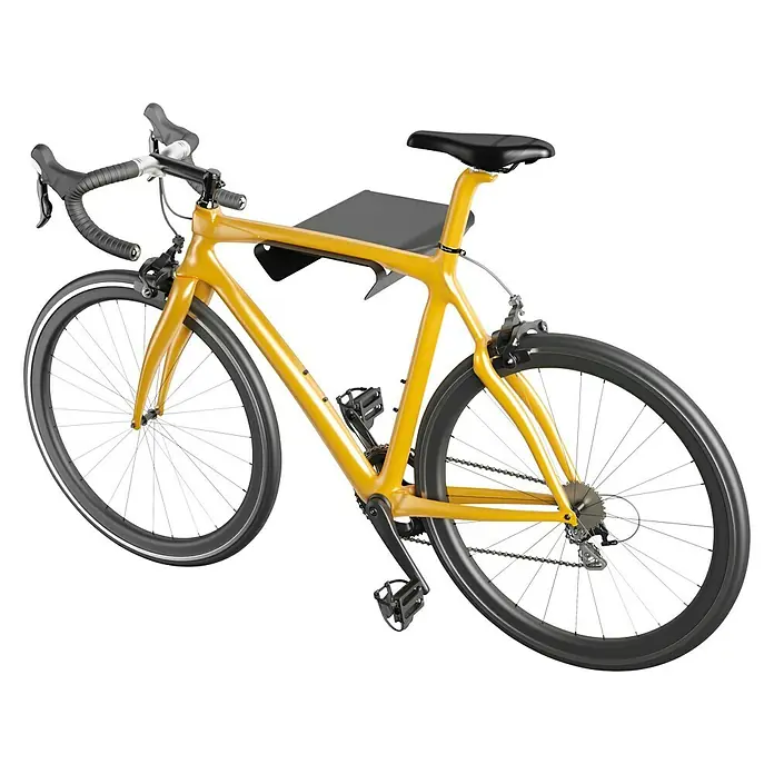 Rei Fahrradhalterung - L x B x H: 365 x 280 x 85 mm - Abgebildet ist ein gelbes Fahrrad, das an einer grauen Wandhalterung befestigt ist. Das Fahrrad ist ein Rennrad mit dünnen Reifen und einem sportlichen Design.