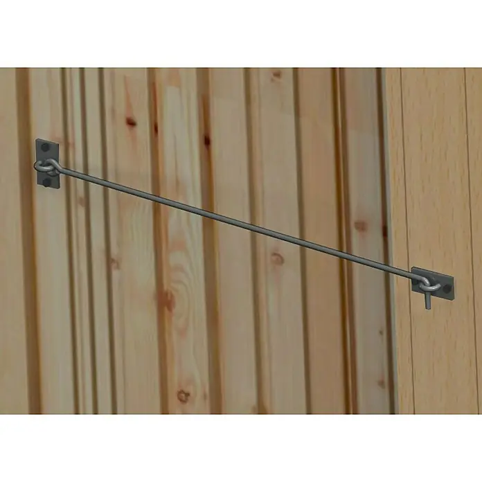 HBS Betz Sturmhaken - 200 cm, Verzinkt - Detailaufnahme einer schwarzen Stalltürverriegelung aus Metall an einer Holztür.