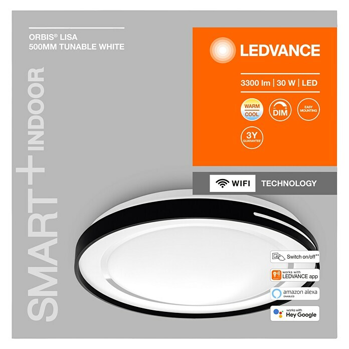 Ledvance LED-Deckenleuchte rund Lisa (30 W, Ø x H: 48,4 x 8,5 cm, Schwarz, Warmweiß) | BAUHAUS