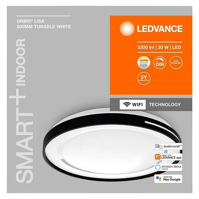 Ledvance LED-Deckenleuchte rund Lisa - 30 W, Ø x H: 48,4 x 8,5 cm, Schwarz, Warmweiß - Produktbild der ORBIS® LISA 500MM Tunable White Smart+ Indoor Leuchte von LEDVANCE mit Produktinformationen und Logos der Smart Home Kompatibilitäten.