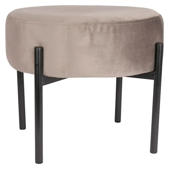 Hocker - Ø x H: 33 x 30 cm, Grau, Samt - Ein stilvoller, runder Hocker mit beigem Samtbezug und schwarzen Metallbeinen, ideal als Sitzgelegenheit oder Fußstütze im modernen Wohnraum.