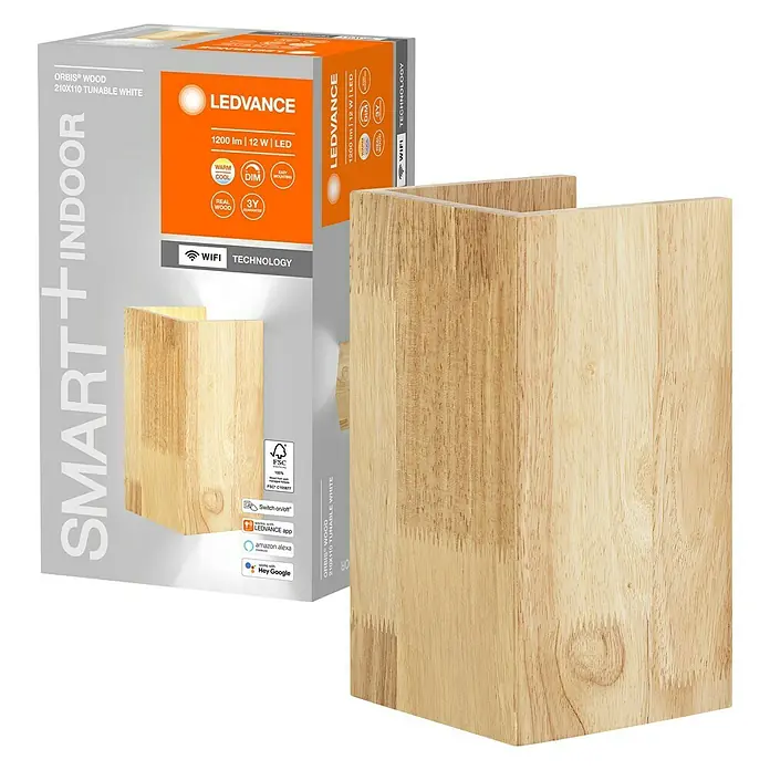 Ledvance Smart+ WiFi LED-Wandleuchte - 12 W, L x B x H: 11 x 11 x 21 cm, Gelb, Warmweiß - Produktbild einer LEDVANCE Smart+ Indoor ORBIS® WOOD Leuchte, 210x110, mit tunable white Funktion. Stilvolles Design für Ihr Zuhause.