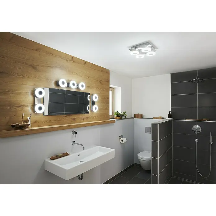 Ledvance LED-Wandstrahler - 15 W, L x B x H: 32 x 12 x 9,3 cm, Silber, Mehrfarbig, 2 Stk. - Helles Badezimmer mit Holzverkleidung, moderner Waschtischarmatur und einem Spiegel mit integrierter Beleuchtung für angenehmes Licht.