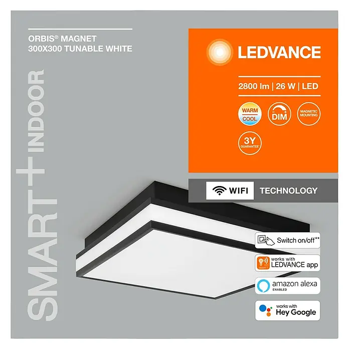 Ledvance LED-Deckenleuchte - 26 W, L x B x H: 30 x 30 x 8,6 cm, Schwarz, Warmweiß - Produktbild der ORBIS® MAGNET 300X300 Tunable White LED-Leuchte von LEDVANCE, smart, für den Innenbereich, mit Dimmfunktion und WiFi-Technologie.