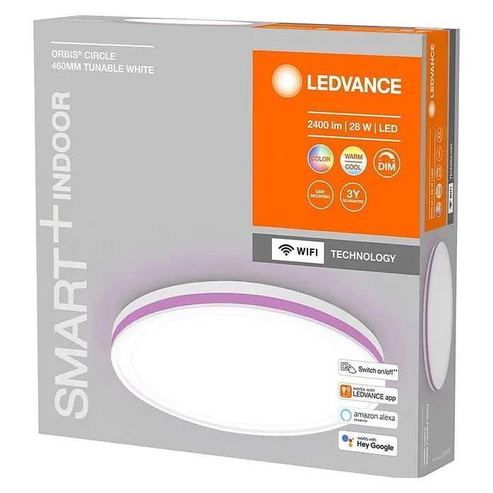 Ledvance LED-Deckenleuchte rund - 28 W, Ø x H: 46 x 9,5 cm, Weiß, Mehrfarbig - Verpackung der LEDVANCE ORBIS® CIRCLE 460MM Tunable White Smart+ Indoor Leuchte mit WiFi-Technologie und Dimmfunktion.