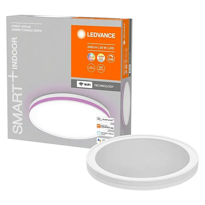 Ledvance LED-Deckenleuchte rund - 28 W, Ø x H: 46 x 9,5 cm, Weiß, Mehrfarbig - LEDVANCE Orbis Circle 460mm tunable white Deckenleuchte mit 2400 Lumen und 28W, steuerbar über WLAN, für ein smartes Zuhause.