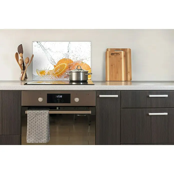 CUCINE KüchenrückwandOrange Splash, 60 x 40 cm, Stärke: 6 mm, Einscheibensicherheitsglas (ESG) - Herd mit Spritzschutzscheibe mit Orangen und Wasserspritzern als Dekoration für die Küche.
