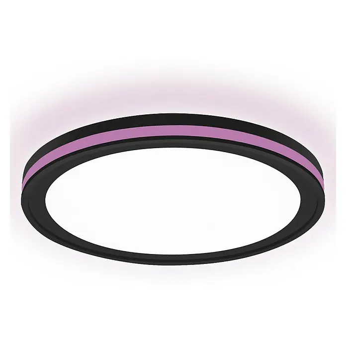 Ledvance LED-Deckenleuchte rund - 28 W, Ø x H: 46 x 9,5 cm, Schwarz, Mehrfarbig - Eine moderne LED-Deckenleuchte mit schwarzem Rand und lila Akzent, die ein helles, gleichmäßiges Licht spendet und eine stilvolle Atmosphäre schafft.