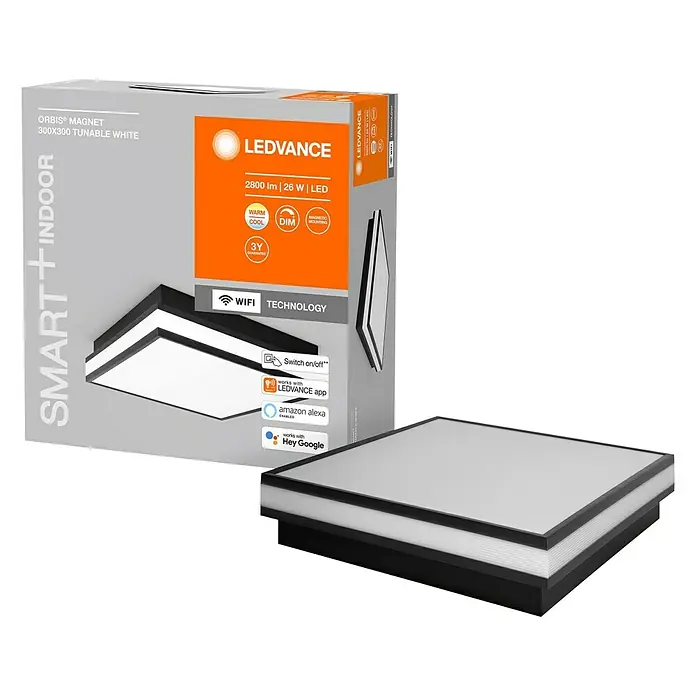 Ledvance LED-Deckenleuchte - 26 W, L x B x H: 30 x 30 x 8,6 cm, Schwarz, Warmweiß - Nahaufnahme der LEDVANCE ORBIS® MAGNET Smart+ Indoor Deckenleuchte mit 300x300mm, tunable white und ihrer Verpackung.