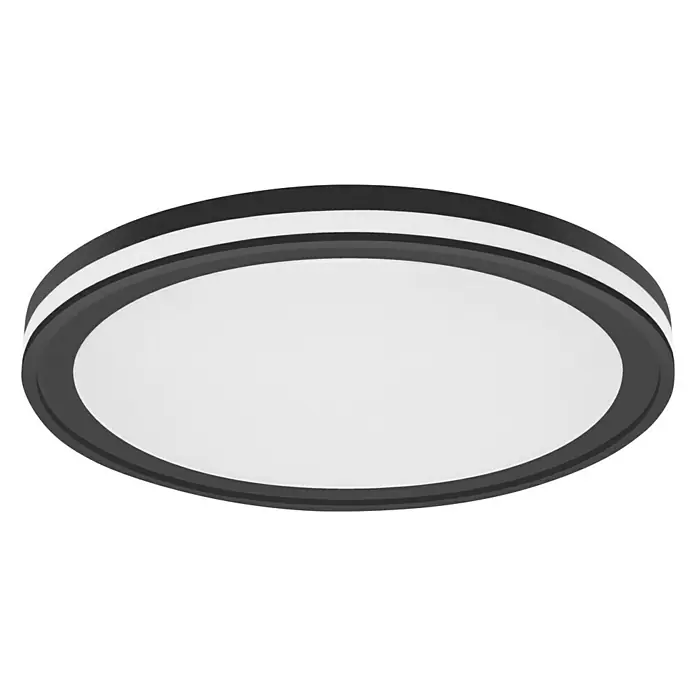 Ledvance LED-Deckenleuchte rund - 28 W, Ø x H: 46 x 9,5 cm, Schwarz, Mehrfarbig - Nahaufnahme einer runden LED-Deckenleuchte mit schwarzem Rahmen und weißem Diffusor, ideal für moderne Innenräume.