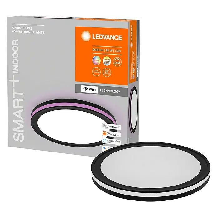 Ledvance LED-Deckenleuchte rund - 28 W, Ø x H: 46 x 9,5 cm, Schwarz, Mehrfarbig - Nahaufnahme der LEDVANCE ORBIS® CIRCLE 460MM tunable white Smart+ Indoor Lampe mit Verpackung.