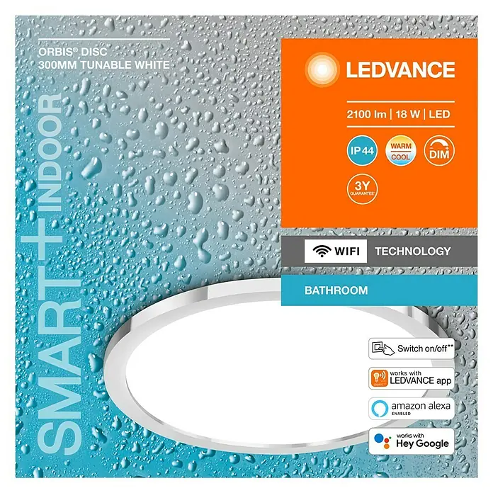 Ledvance Smart+ LED-Deckenleuchte rund - 18 W, Ø x H: 30 x 4,7 cm, Silber, Mehrfarbig - LEDVANCE ORBIS® DISC 300MM Tunable White für den Innenbereich. Smart-Home-fähig mit WiFi, ideal fürs Badezimmer.