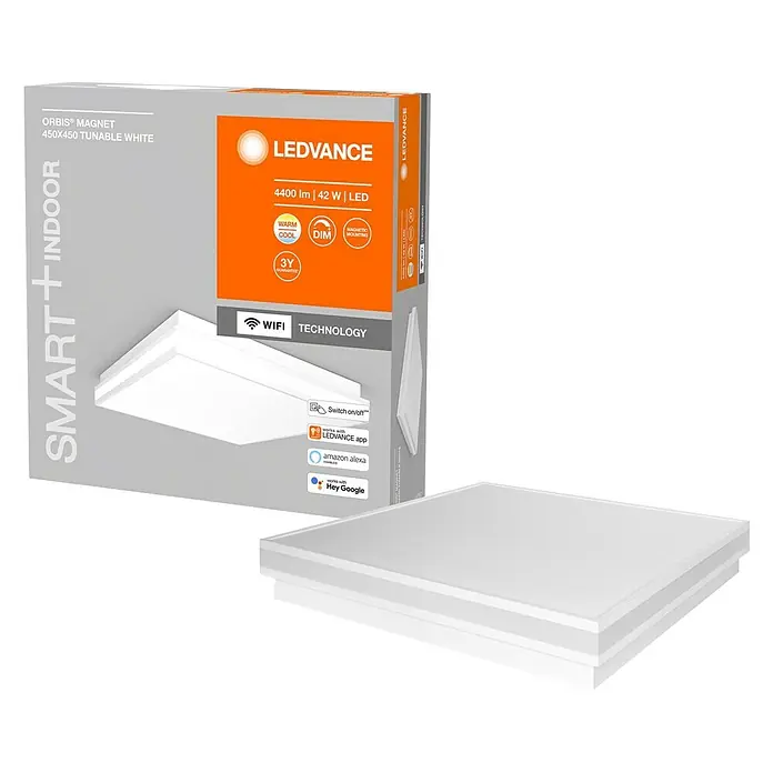 Ledvance LED-Deckenleuchte - 42 W, L x B x H: 45 x 45 x 8,6 cm, Weiß, Mehrfarbig - Abbildung einer LEDVANCE ORBIS® MAGNET 450x450 Tunable White Smart+ Indoor Leuchte mit Verpackung.