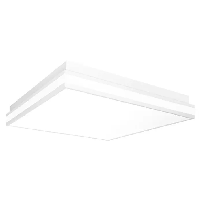 Ledvance LED-Deckenleuchte - 42 W, L x B x H: 45 x 45 x 8,6 cm, Weiß, Mehrfarbig - Nahaufnahme einer modernen, quadratischen LED-Deckenleuchte mit weißem Rahmen und hellem Licht.